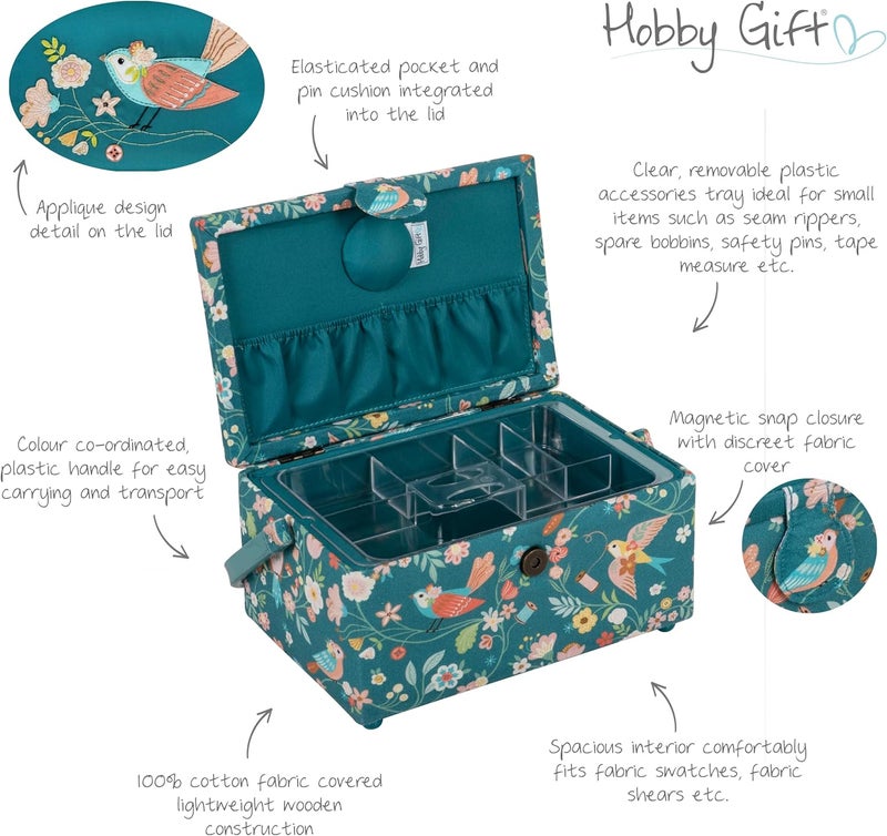 Hobby Gift Medium Sewing Box - Craft & Hobby Storage, Accessories Tray Pin Cushion Pocket PVC Handle Embroidered Lid, 9.6 x 7 x 5.7 - Bird Aviary - Image 5
